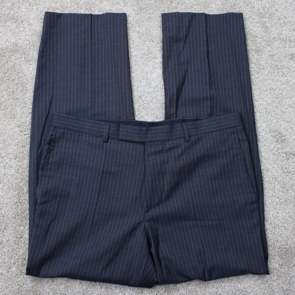BOSS Hugo Boss Pants Mens 34x30 Black Pinstriped Edison1/Power Wool Flat Front - Picture 1 of 15
